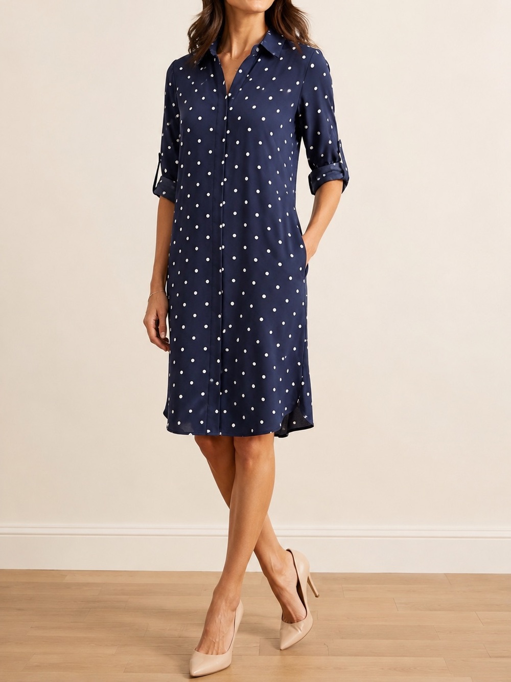 HOBBS London Navy Polka Dot Shirt Dress US 8 Roll Tab Sleeve Midi Minimalist